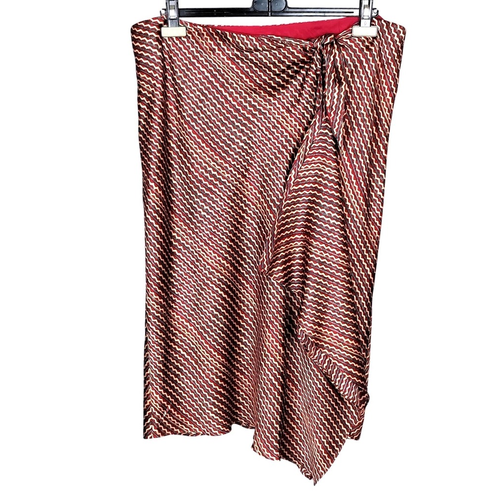 Lauren Ralph Lauren Satin Draped Wrap Skirt Womens 14 Red Chevron Midi Zigzag